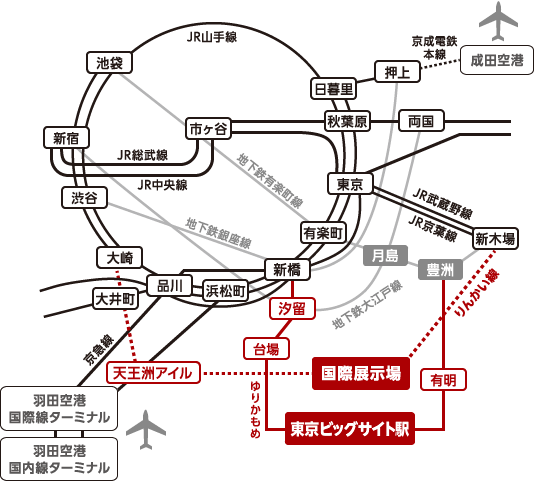 都内主要駅から東京ビッグサイトまでの路線図